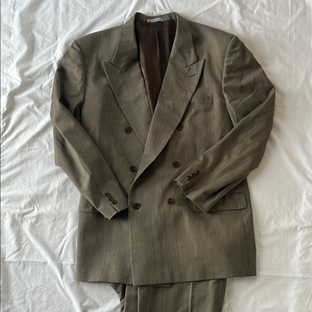 Men's Double-Breasted Olive Green Suit Jacket - Unbranded